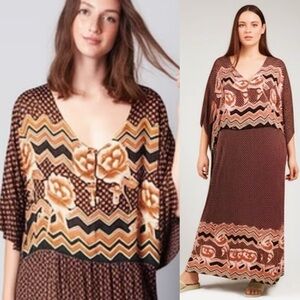 Vintage Just Class Mixed Media Brown Floral Flowy Prairie Midi Dress Plus Sz 3X
